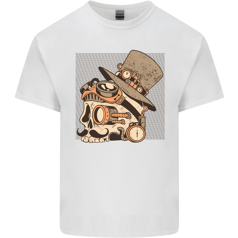 Steampunk Skull With Moustache Kids T-Shirt Childrens White