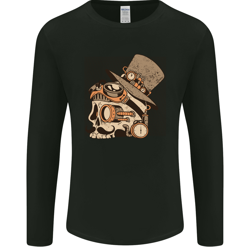 Steampunk Skull With Moustache Mens Long Sleeve T-Shirt Black