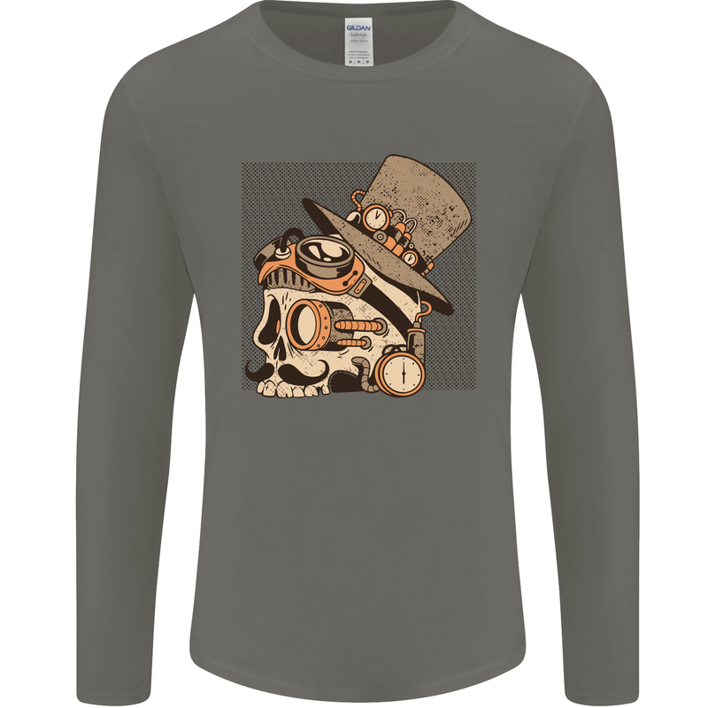 Steampunk Skull With Moustache Mens Long Sleeve T-Shirt Charcoal