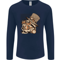 Steampunk Skull With Moustache Mens Long Sleeve T-Shirt Navy Blue