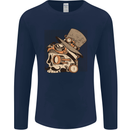 Steampunk Skull With Moustache Mens Long Sleeve T-Shirt Navy Blue