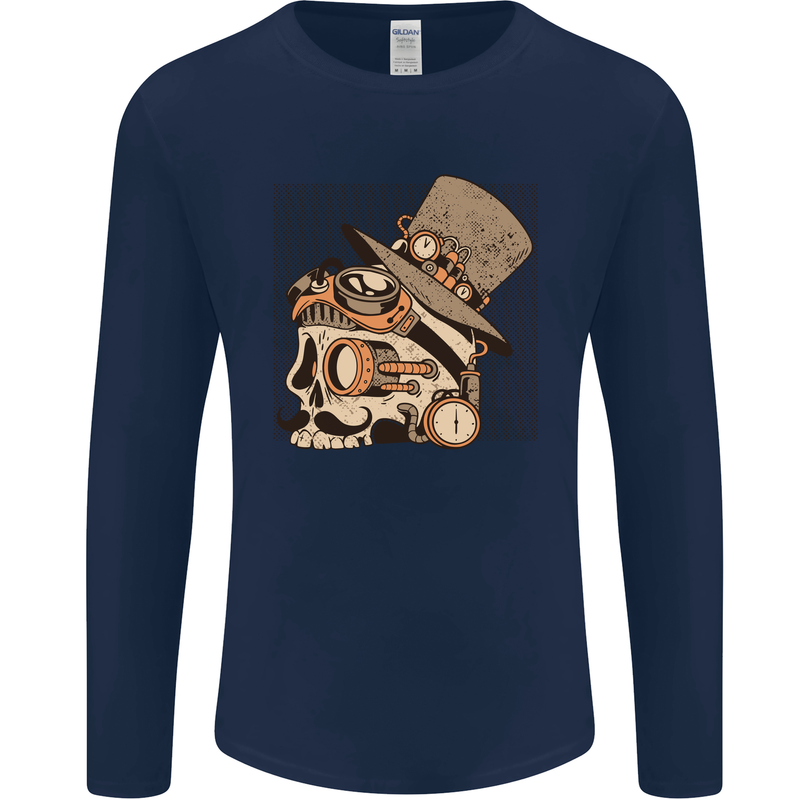 Steampunk Skull With Moustache Mens Long Sleeve T-Shirt Navy Blue