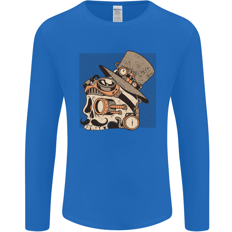 Steampunk Skull With Moustache Mens Long Sleeve T-Shirt Royal Blue