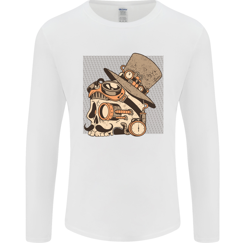 Steampunk Skull With Moustache Mens Long Sleeve T-Shirt White