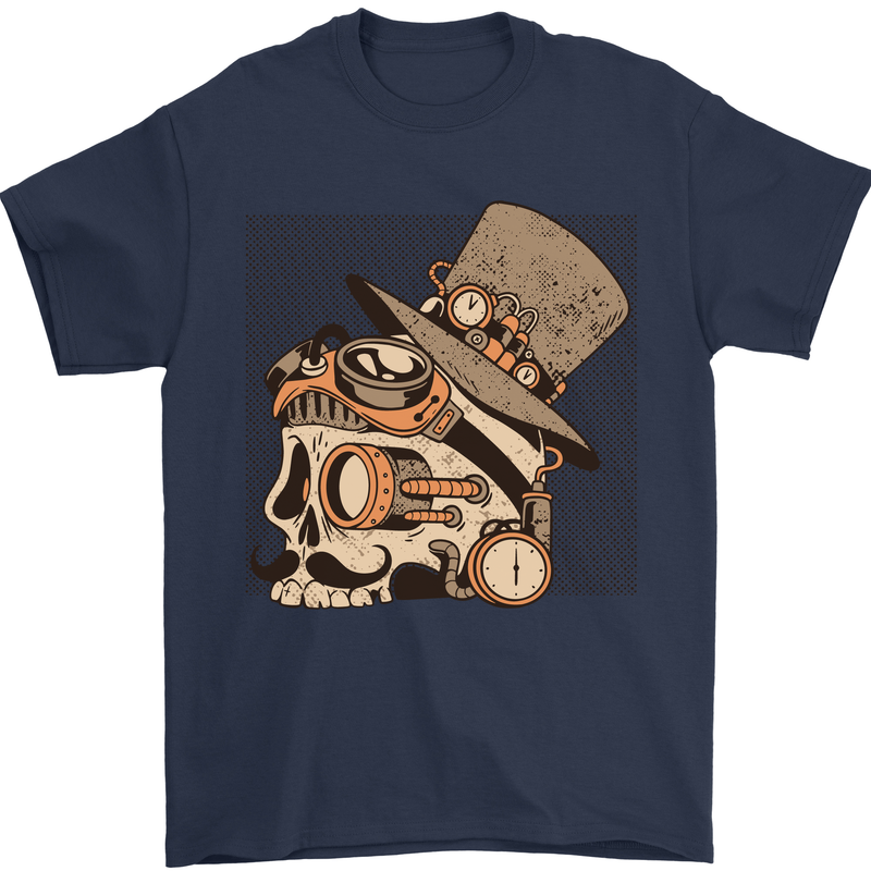 Steampunk Skull With Moustache Mens T-Shirt Cotton Gildan Navy Blue