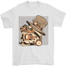 Steampunk Skull With Moustache Mens T-Shirt Cotton Gildan White