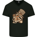 Steampunk Skull With Moustache Mens V-Neck Cotton T-Shirt Black