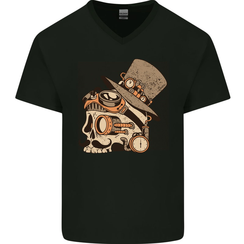 Steampunk Skull With Moustache Mens V-Neck Cotton T-Shirt Black