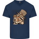 Steampunk Skull With Moustache Mens V-Neck Cotton T-Shirt Navy Blue