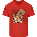 Steampunk Skull With Moustache Mens V-Neck Cotton T-Shirt Red