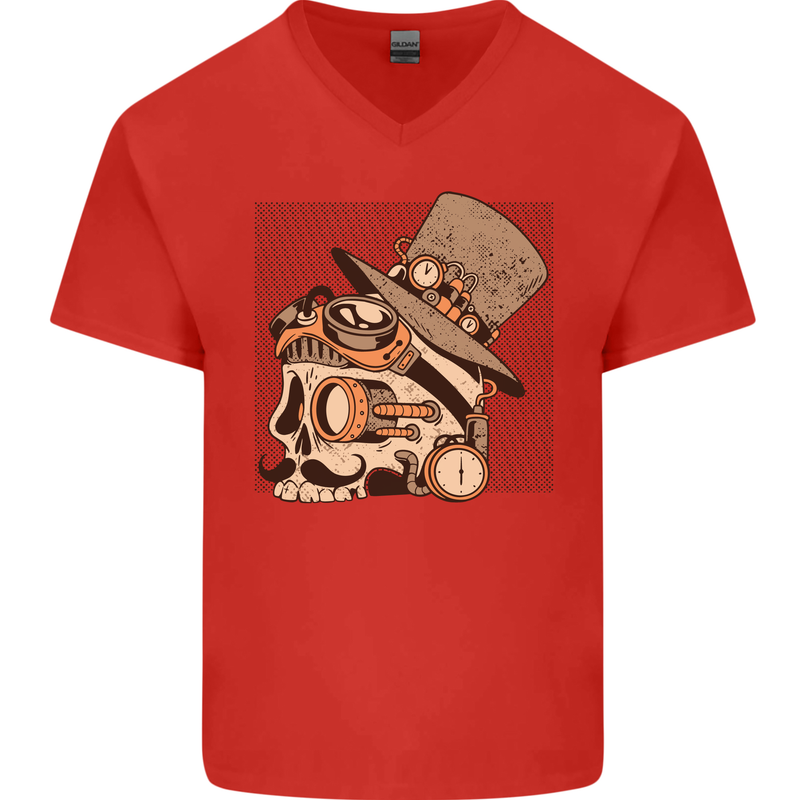 Steampunk Skull With Moustache Mens V-Neck Cotton T-Shirt Red