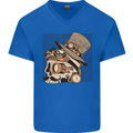 Steampunk Skull With Moustache Mens V-Neck Cotton T-Shirt Royal Blue