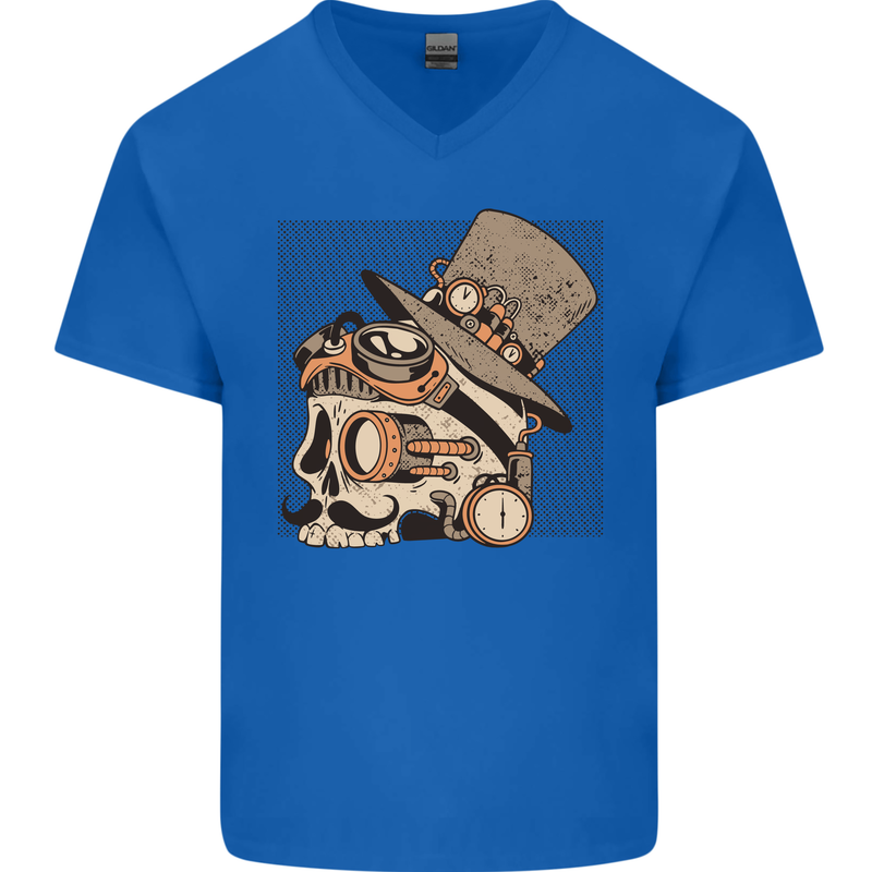 Steampunk Skull With Moustache Mens V-Neck Cotton T-Shirt Royal Blue