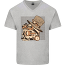 Steampunk Skull With Moustache Mens V-Neck Cotton T-Shirt Sports Grey