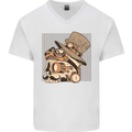 Steampunk Skull With Moustache Mens V-Neck Cotton T-Shirt White