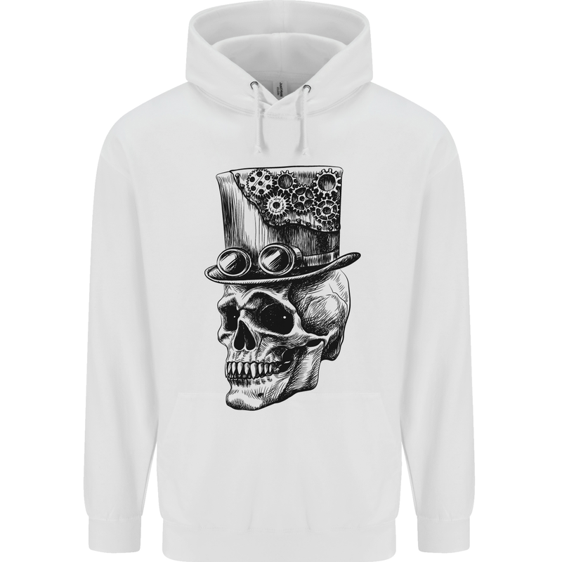 Steampunk Skull With Top Hat Mens 80% Cotton Hoodie White