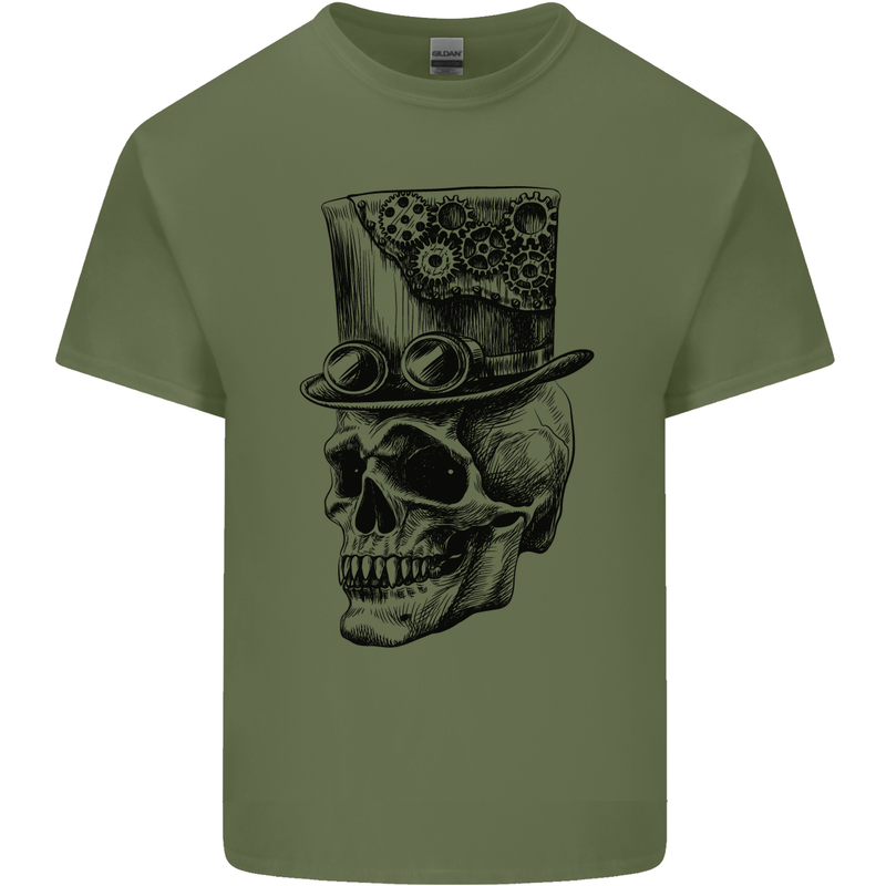 Steampunk Skull With Top Hat Mens Cotton T-Shirt Tee Top Military Green