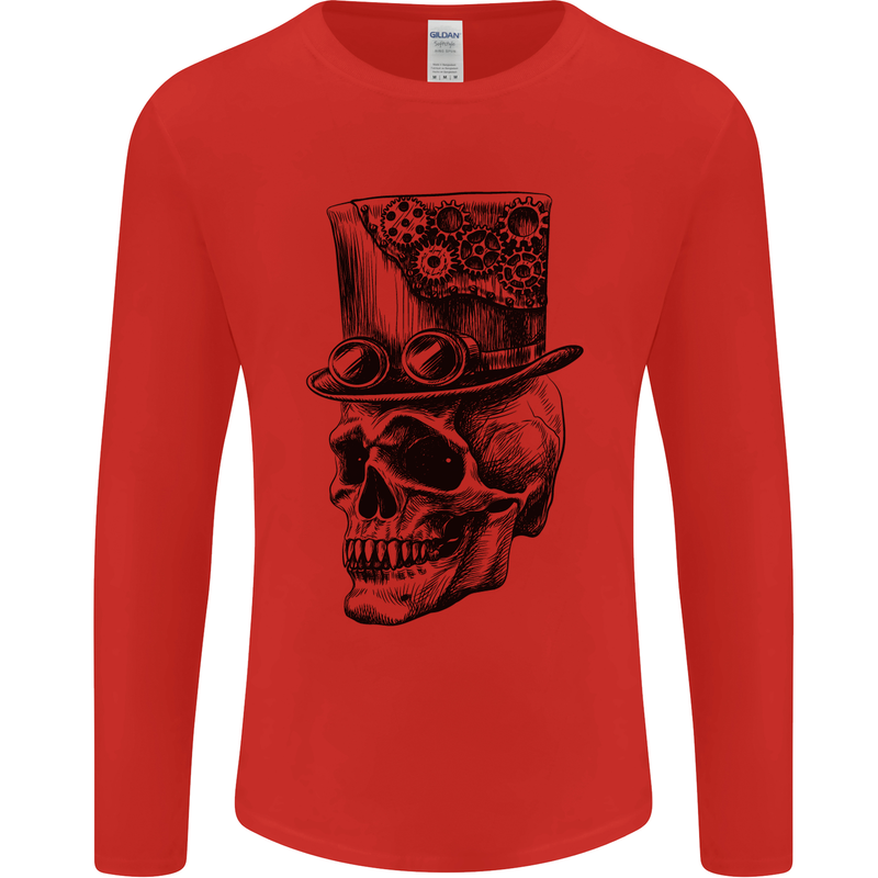 Steampunk Skull With Top Hat Mens Long Sleeve T-Shirt Red