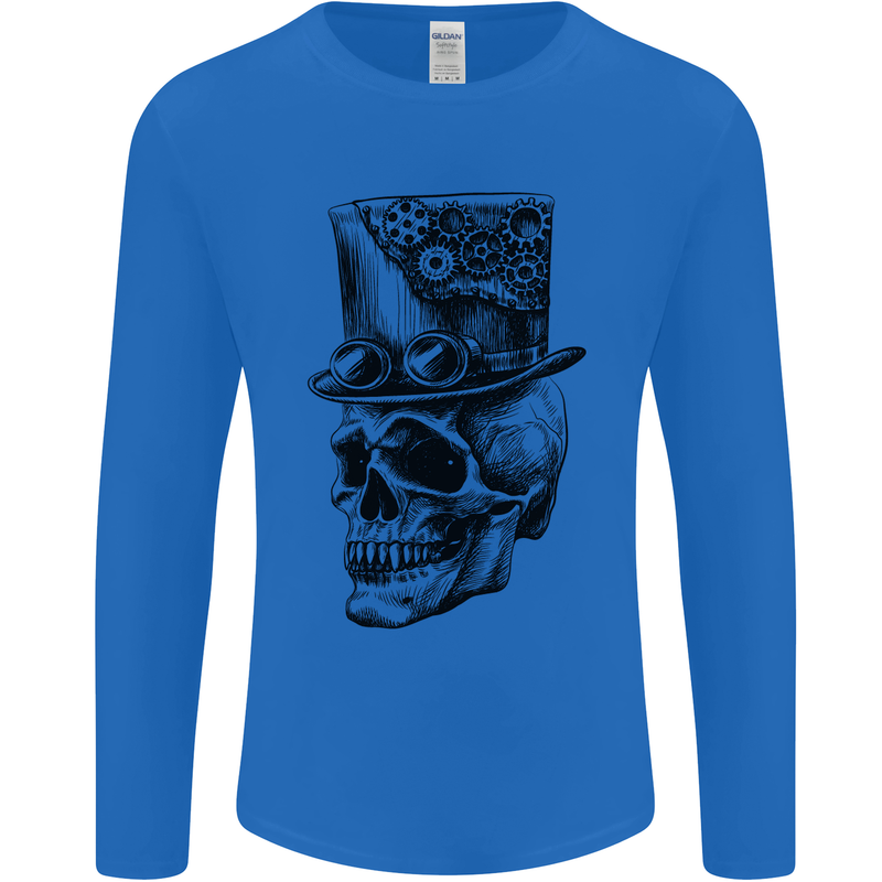 Steampunk Skull With Top Hat Mens Long Sleeve T-Shirt Royal Blue