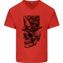 Steampunk Skull With Top Hat Mens V-Neck Cotton T-Shirt Red