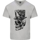 Steampunk Skull With Top Hat Mens V-Neck Cotton T-Shirt Sports Grey