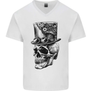 Steampunk Skull With Top Hat Mens V-Neck Cotton T-Shirt White