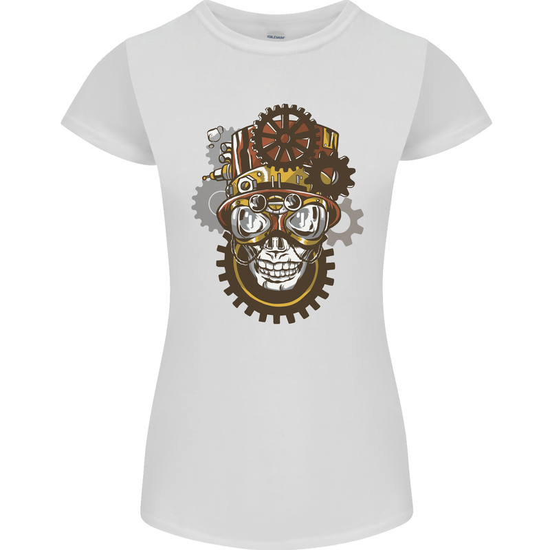 Steampunk Skull Womens Petite Cut T-Shirt White