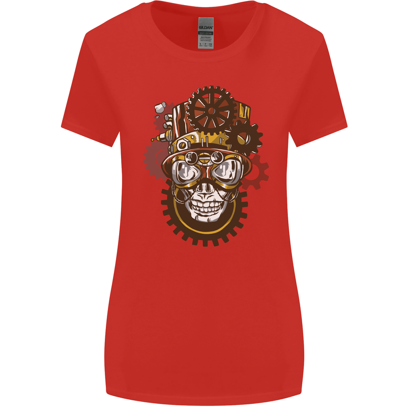 Steampunk Skull Womens Wider Cut T-Shirt Red