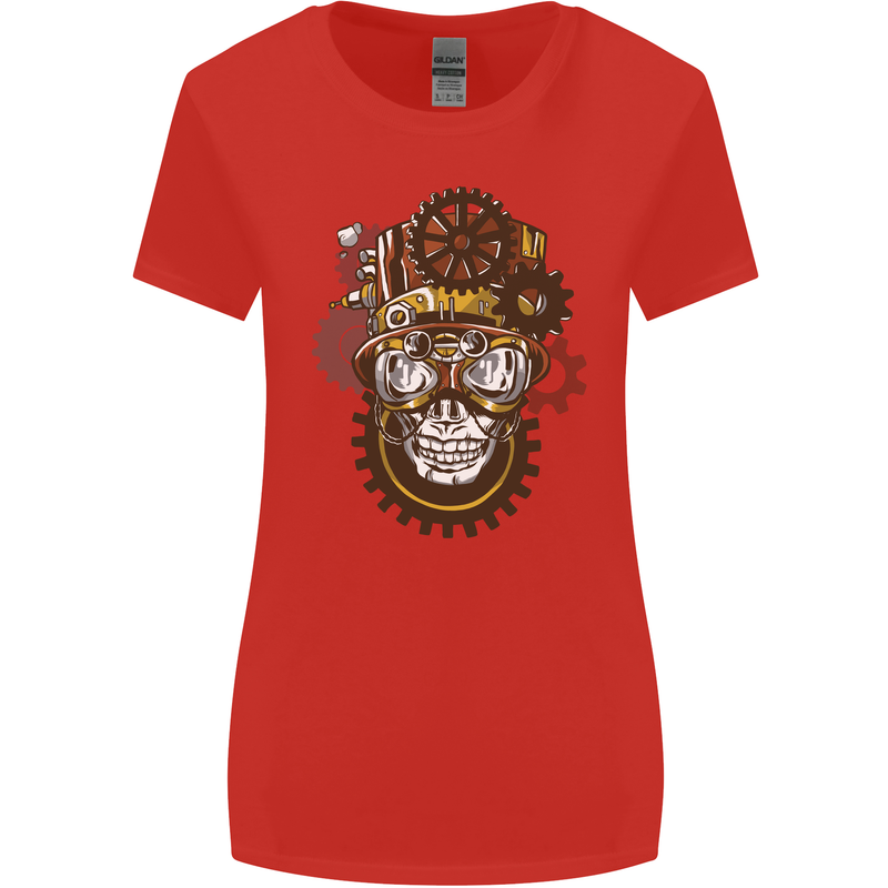 Steampunk Skull Womens Wider Cut T-Shirt Red