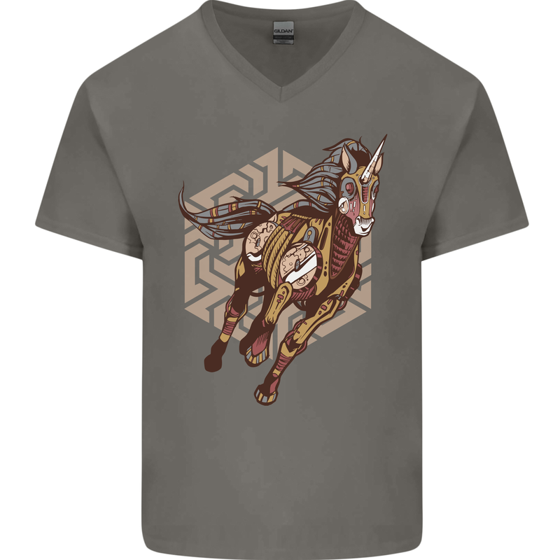 Steampunk Unicorn Mens V-Neck Cotton T-Shirt Charcoal
