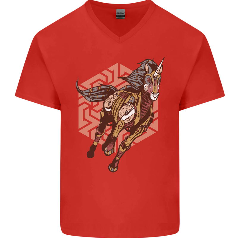 Steampunk Unicorn Mens V-Neck Cotton T-Shirt Red