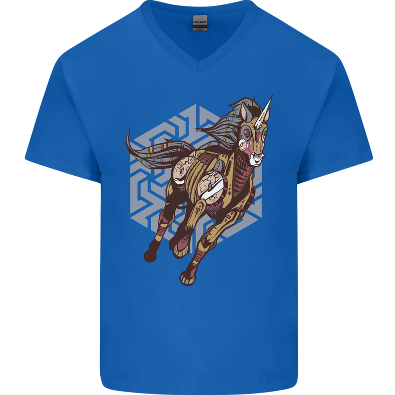 Steampunk Unicorn Mens V-Neck Cotton T-Shirt Royal Blue