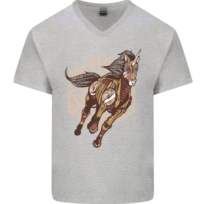 Steampunk Unicorn Mens V-Neck Cotton T-Shirt Sports Grey