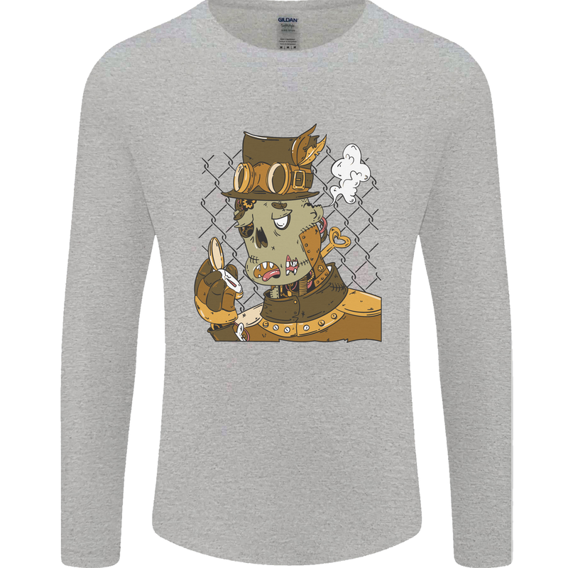 Steampunk Zombie Halloween Mens Long Sleeve T-Shirt Sports Grey