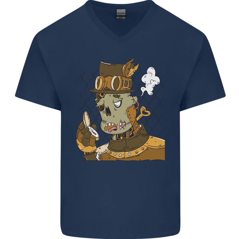Steampunk Zombie Halloween Mens V-Neck Cotton T-Shirt Navy Blue