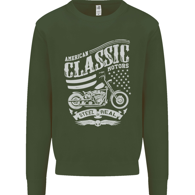 Steel Is Real Biker Motorcycle Motorbike Kids Sweatshirt Jumper Forest Green