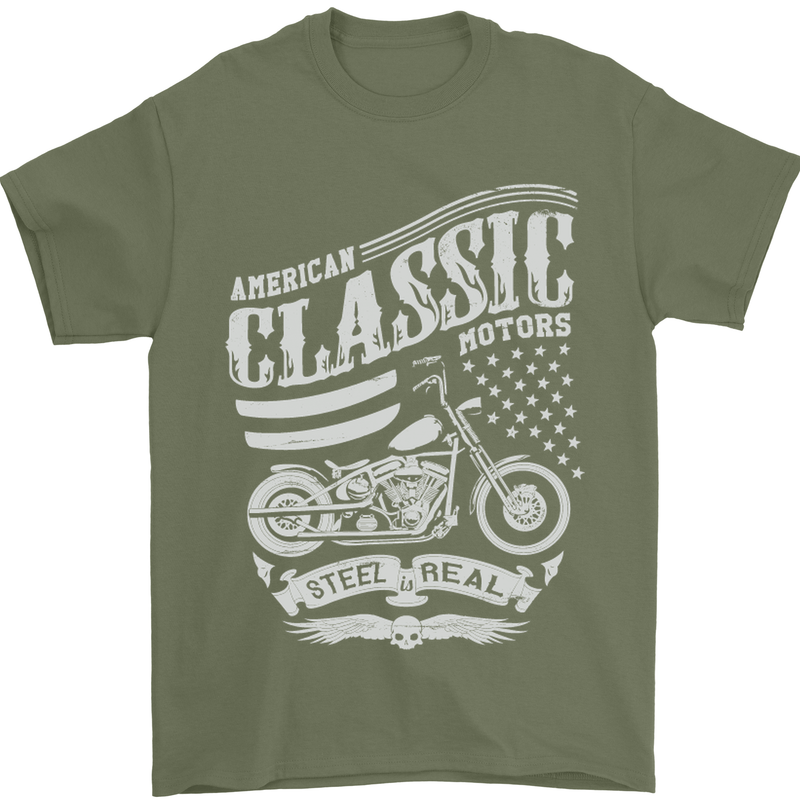 Steel Is Real Biker Motorcycle Motorbike Mens T-Shirt Cotton Gildan Military Green