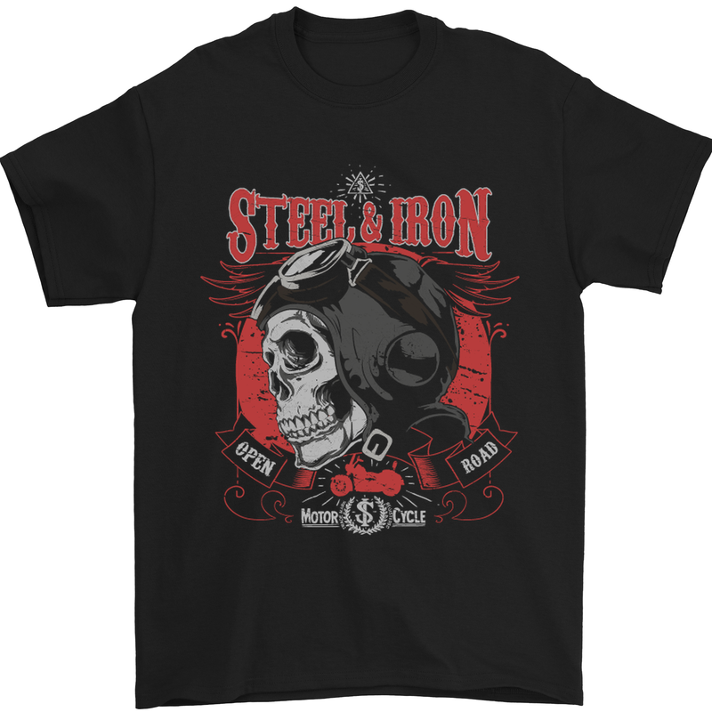Steel & Iron Motorcyle Biker Motorbike Mens T-Shirt Cotton Gildan Black