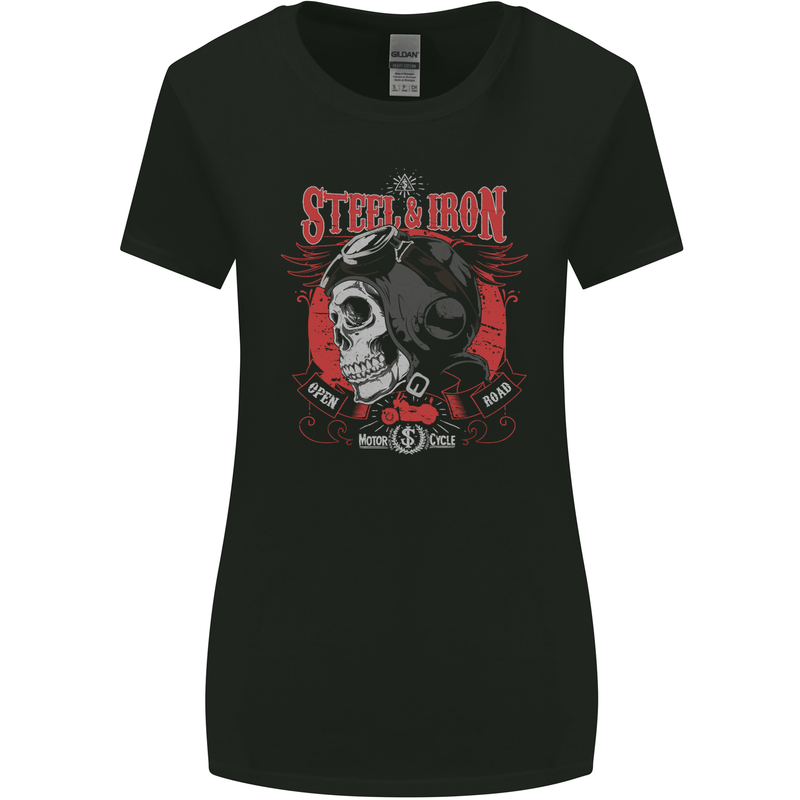Steel & Iron Motorcyle Biker Motorbike Womens Wider Cut T-Shirt Black