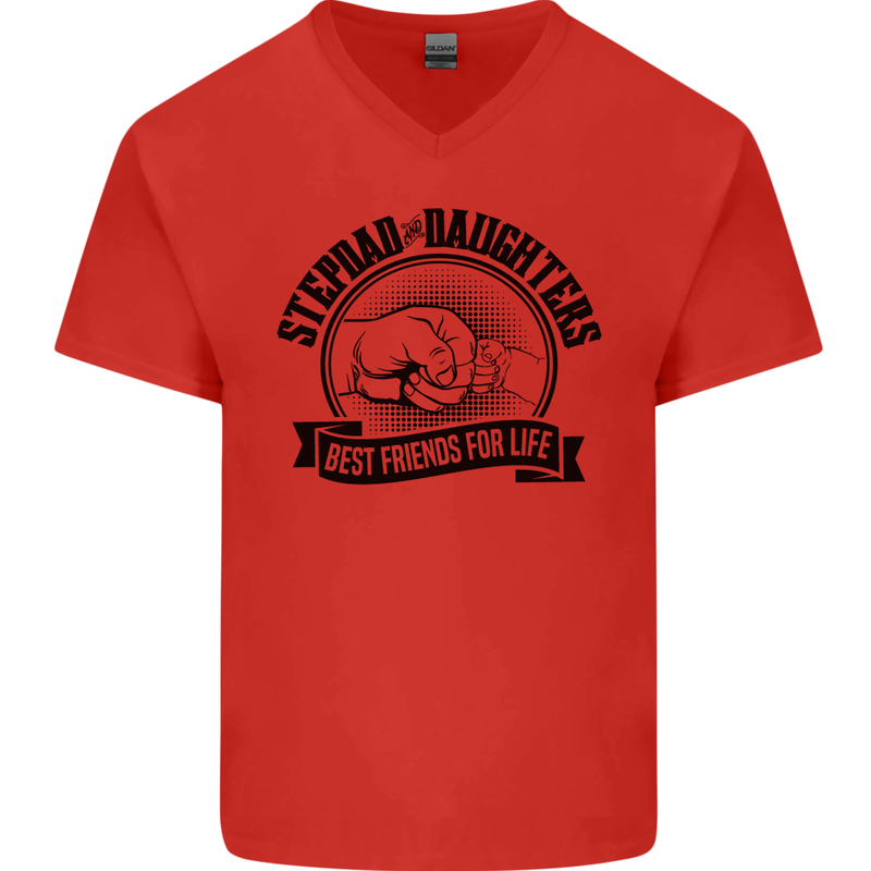 Stepdad & Daughters Friends Father's Day Mens V-Neck Cotton T-Shirt Red
