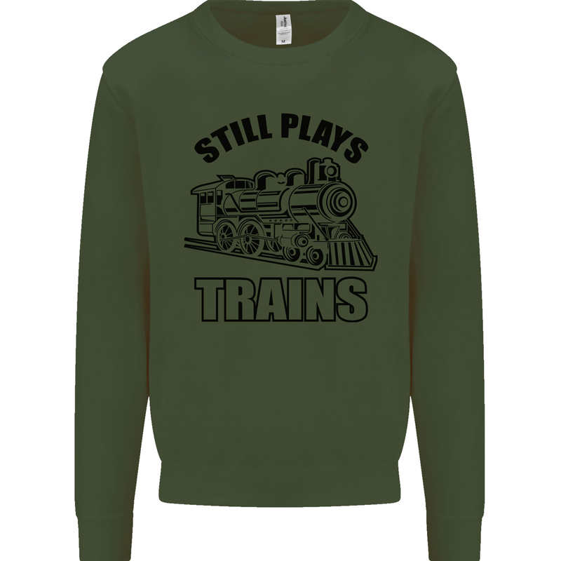 Still Plays With Trains Spotter Spotting Kids Sweatshirt Jumper Forest Green