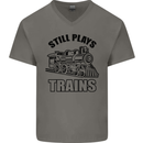 Still Plays With Trains Spotter Spotting Mens V-Neck Cotton T-Shirt Charcoal