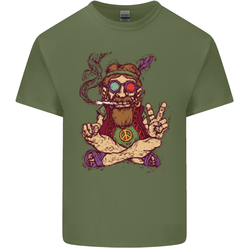 Stoned Hippy Spliff Weed Drugs LSD Acid Mens Cotton T-Shirt Tee Top Military Green