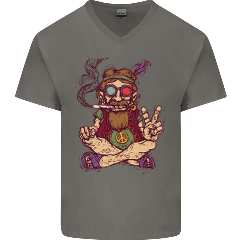 Stoned Hippy Spliff Weed Drugs LSD Acid Mens V-Neck Cotton T-Shirt Charcoal
