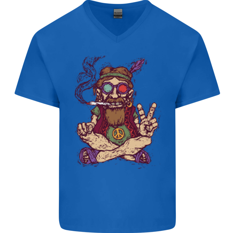 Stoned Hippy Spliff Weed Drugs LSD Acid Mens V-Neck Cotton T-Shirt Royal Blue