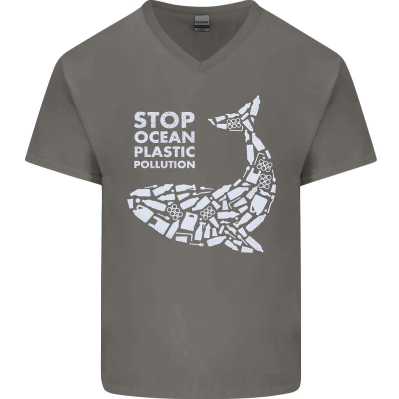 Stop Ocean Plastic Pollution Climate Change Mens V-Neck Cotton T-Shirt Charcoal