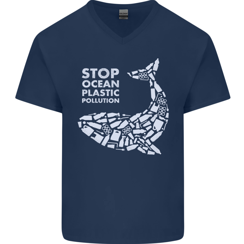 Stop Ocean Plastic Pollution Climate Change Mens V-Neck Cotton T-Shirt Navy Blue