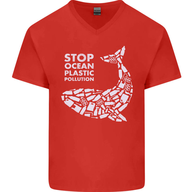 Stop Ocean Plastic Pollution Climate Change Mens V-Neck Cotton T-Shirt Red