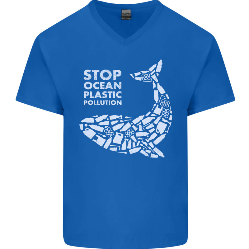 Stop Ocean Plastic Pollution Climate Change Mens V-Neck Cotton T-Shirt Royal Blue