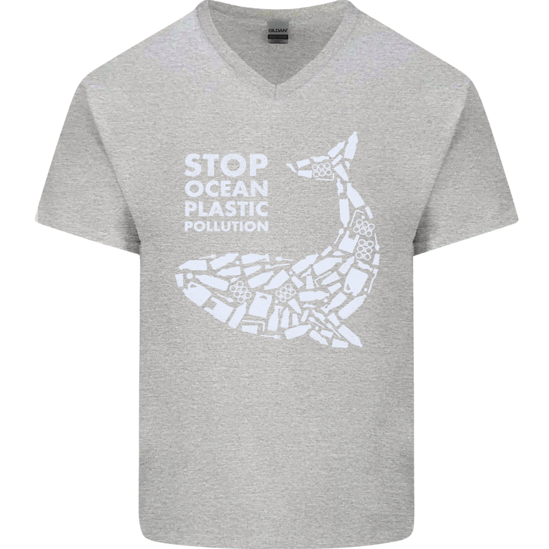 Stop Ocean Plastic Pollution Climate Change Mens V-Neck Cotton T-Shirt Sports Grey